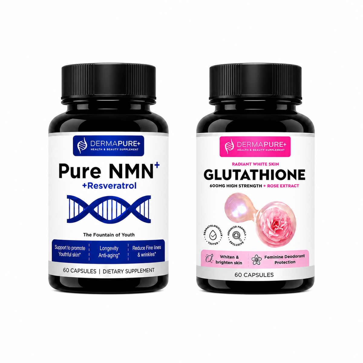 DermaPure+ NMN Plus Supplement 4-in-1 – Antioxidant & Healthy Skin Aging Support, 60 Capsules (1 Pack)